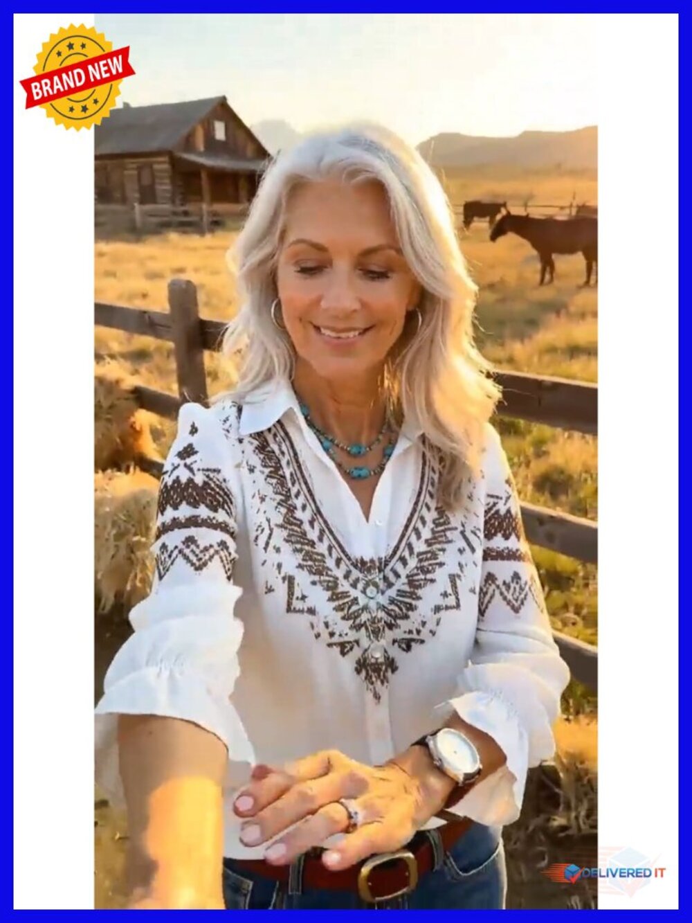 Boho Paisley Long Sleeve Ruffled Cuff Button Down Blouse - Picture 5 of 6